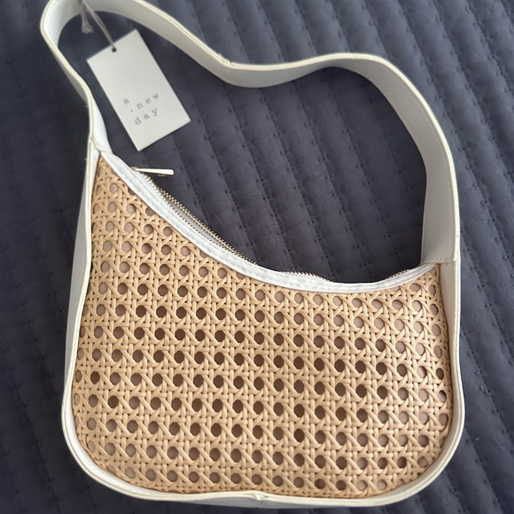 a new day Handbags - a new day Beige Woven Shoulder Bag with White Trim